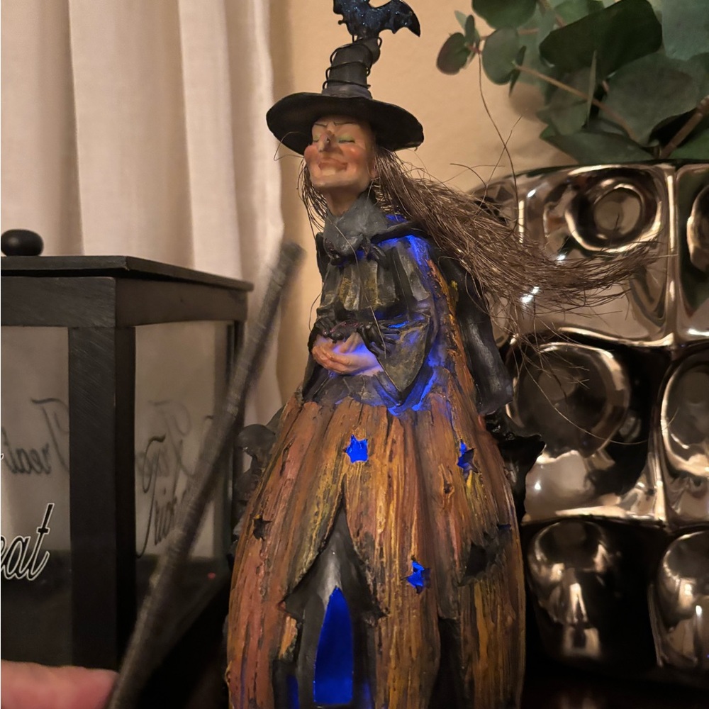 Halloween Witch Figurine with Broom light up interactive noise Halloween decor